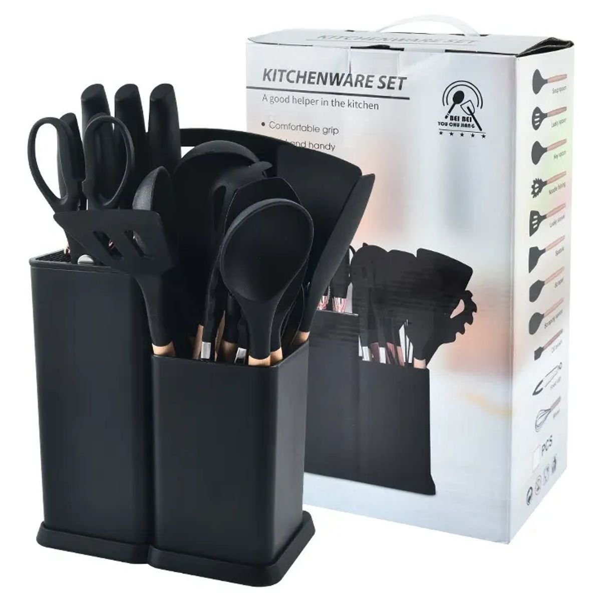 GENERICO - Utensilios Set De Cocina 19 Piezas Silicona Mango De Negro