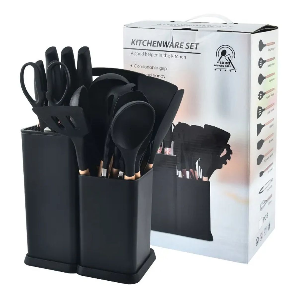 GENERICO - Utensilios Set De Cocina 19 Piezas Silicona Mango De Negro