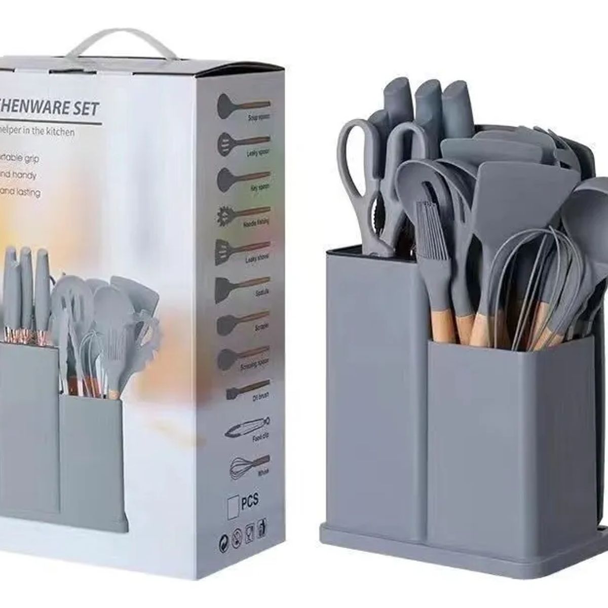 GENERICO - Utensilios Set De Cocina 19 Piezas Silicona Mango De Gris