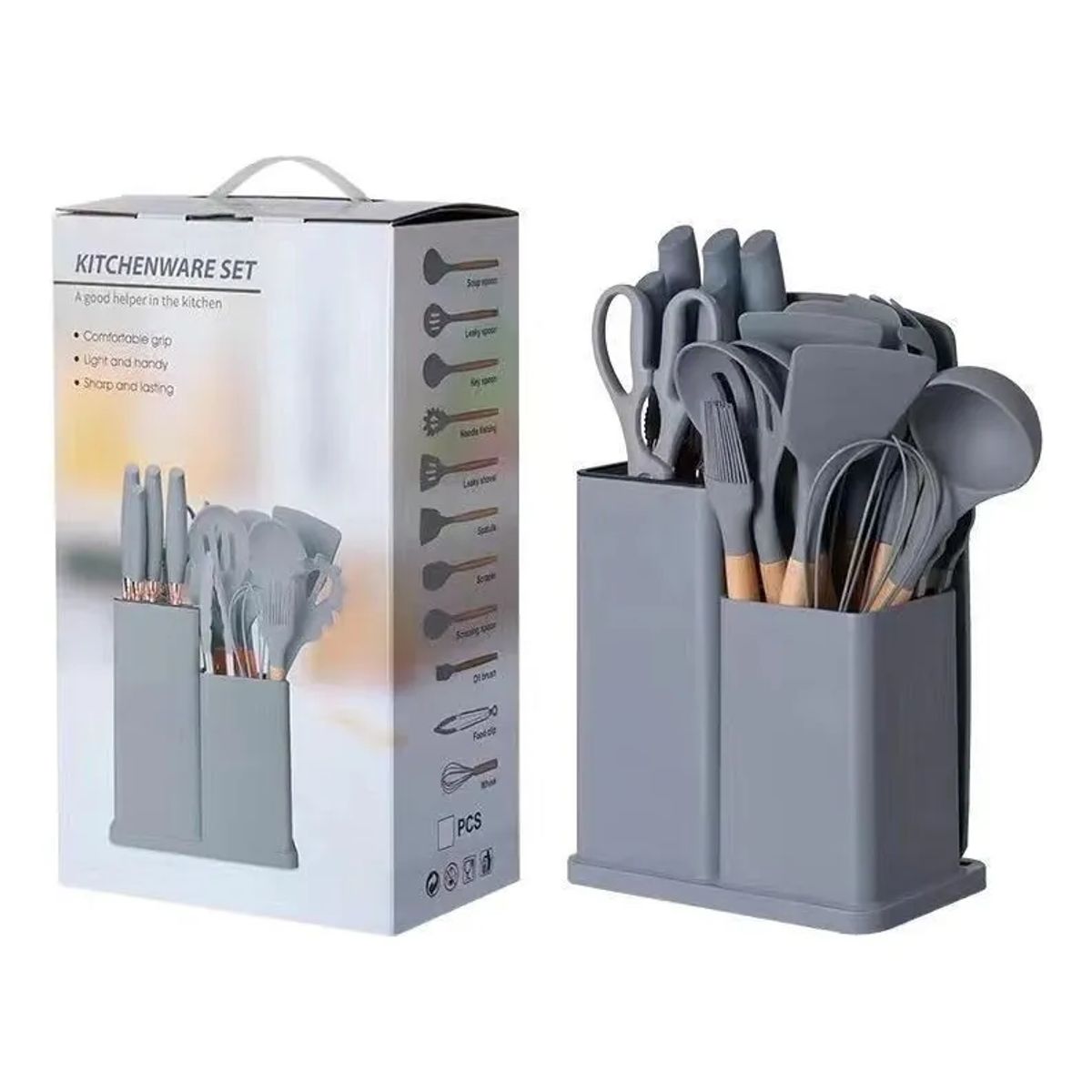 GENERICO - Utensilios Set De Cocina 19 Piezas Silicona Mango De Gris