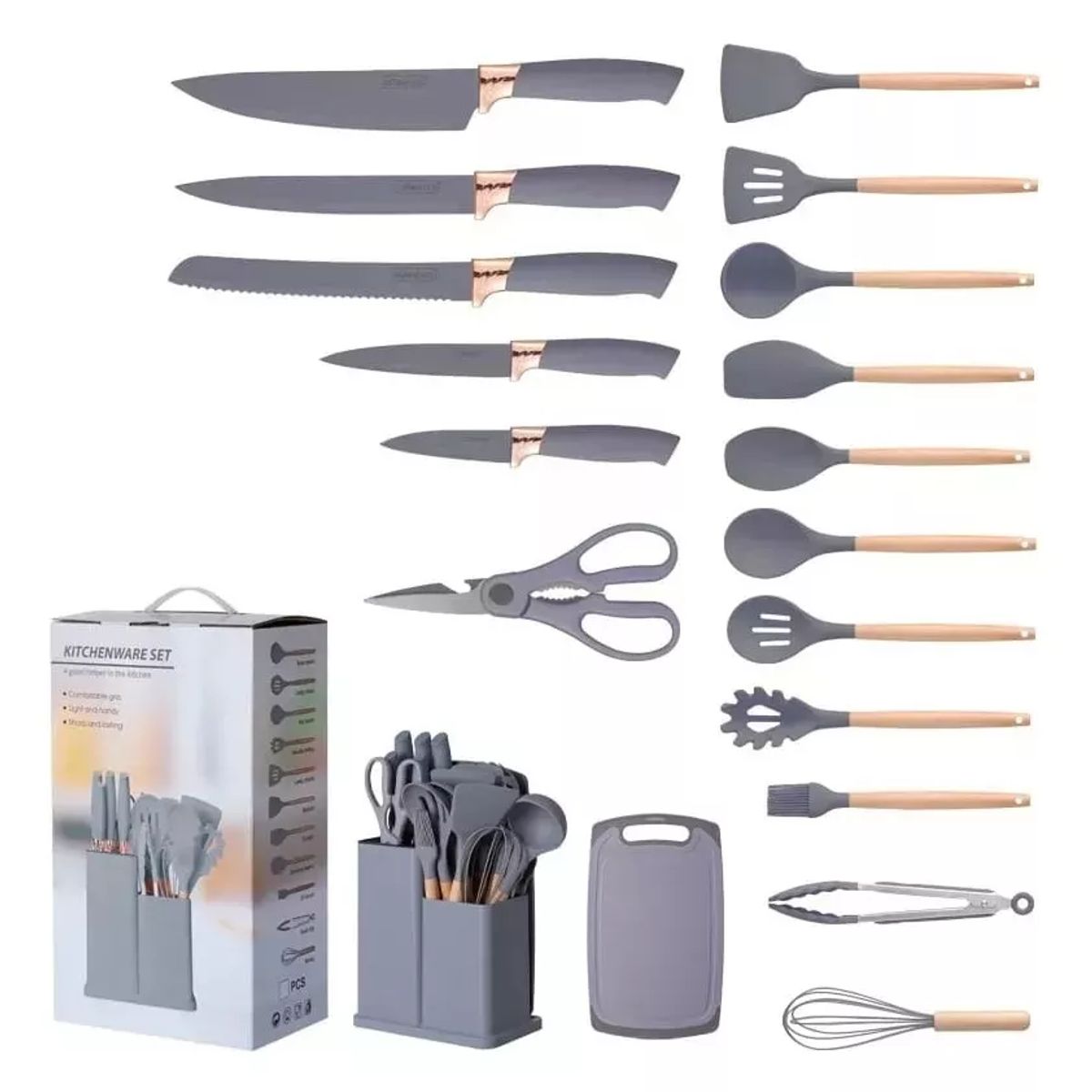 GENERICO - Utensilios Set De Cocina 19 Piezas Silicona Mango De Gris