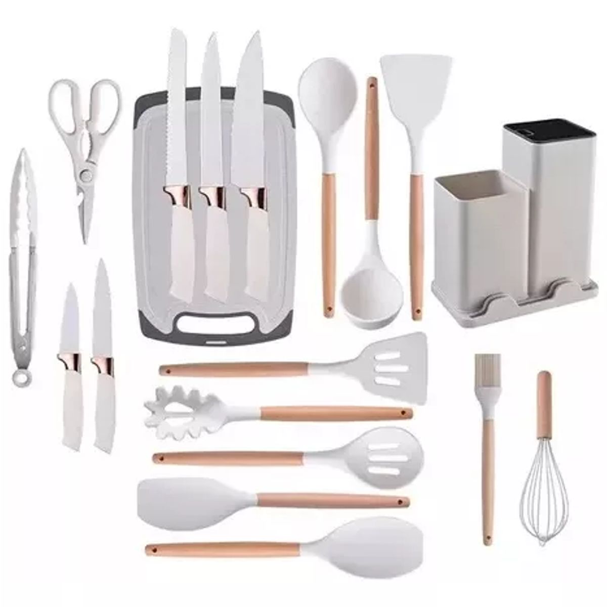 GENERICO - Utensilios Set De Cocina 19 Piezas Silicona Mango De Blanco