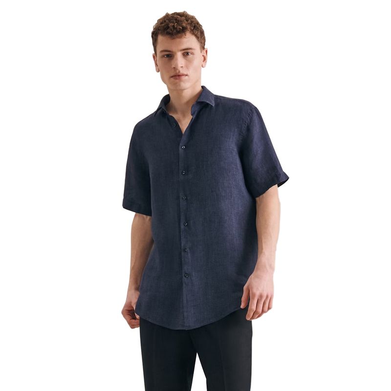 EDWINAYY - Camisa De Algodón Y Lino De Manga Corta Color Liso
