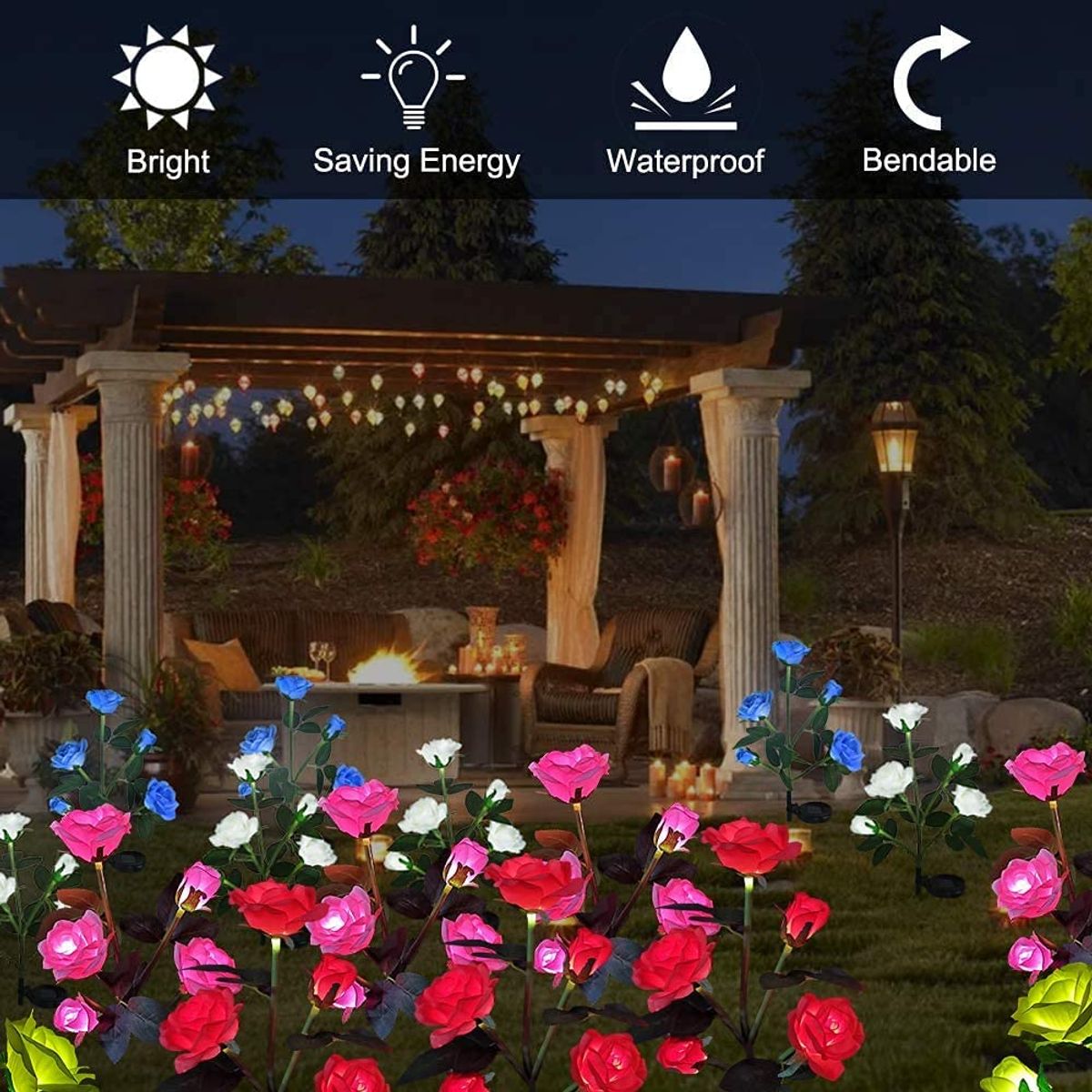 HOME NEAT - Luces LED solares de flores de rosas para exteriores Rojo