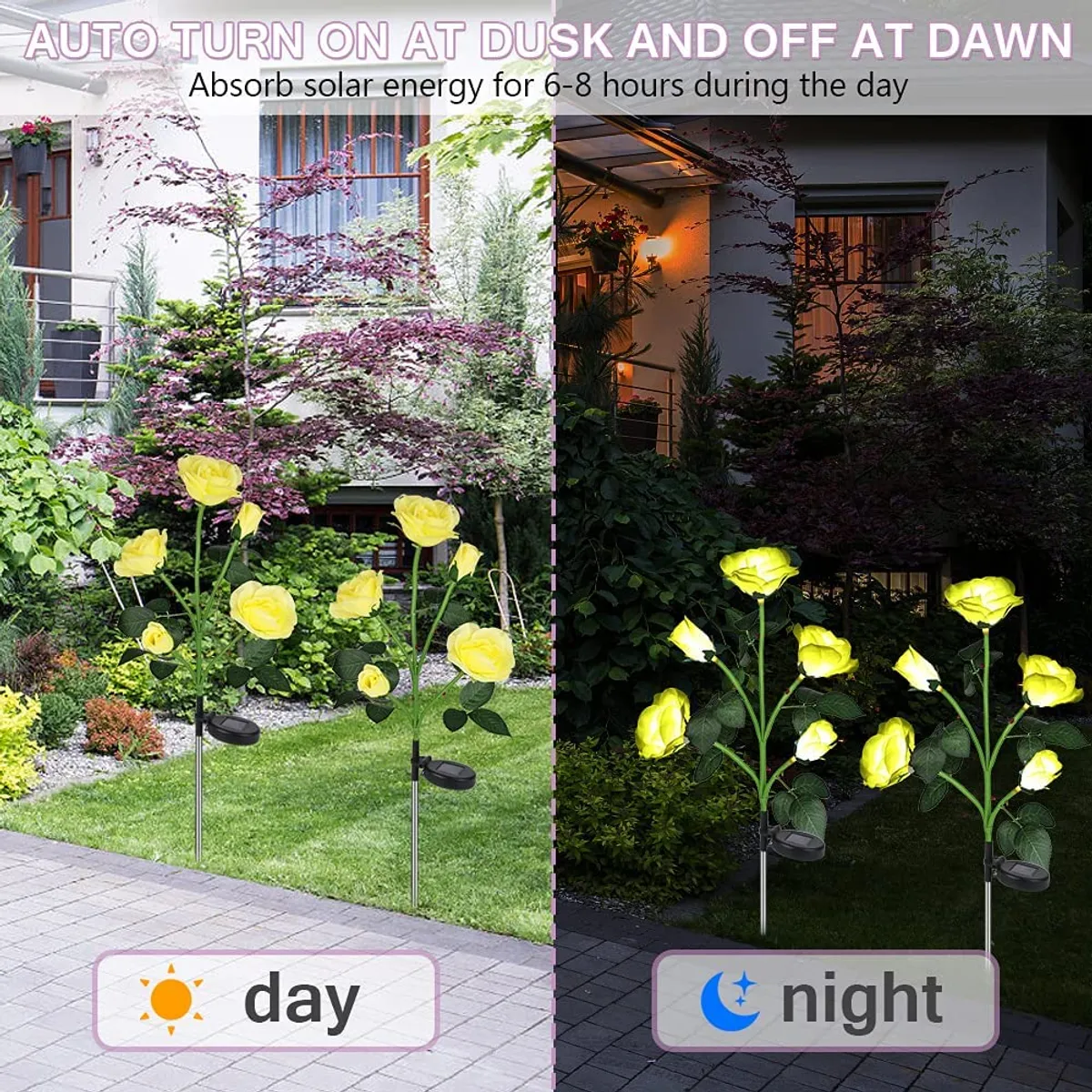 HOME NEAT - Luces LED solares de flores de rosas para exteriores Amarillo