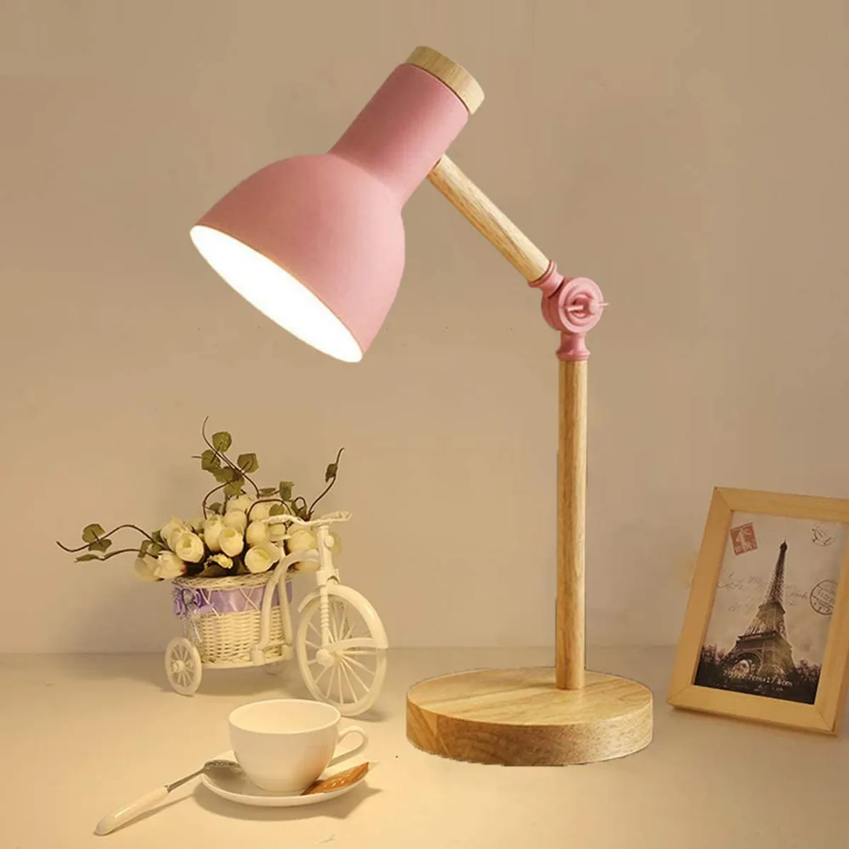 HOME NEAT - Lámpara de escritorio clásica luz de mesa ajustable madera Rosa