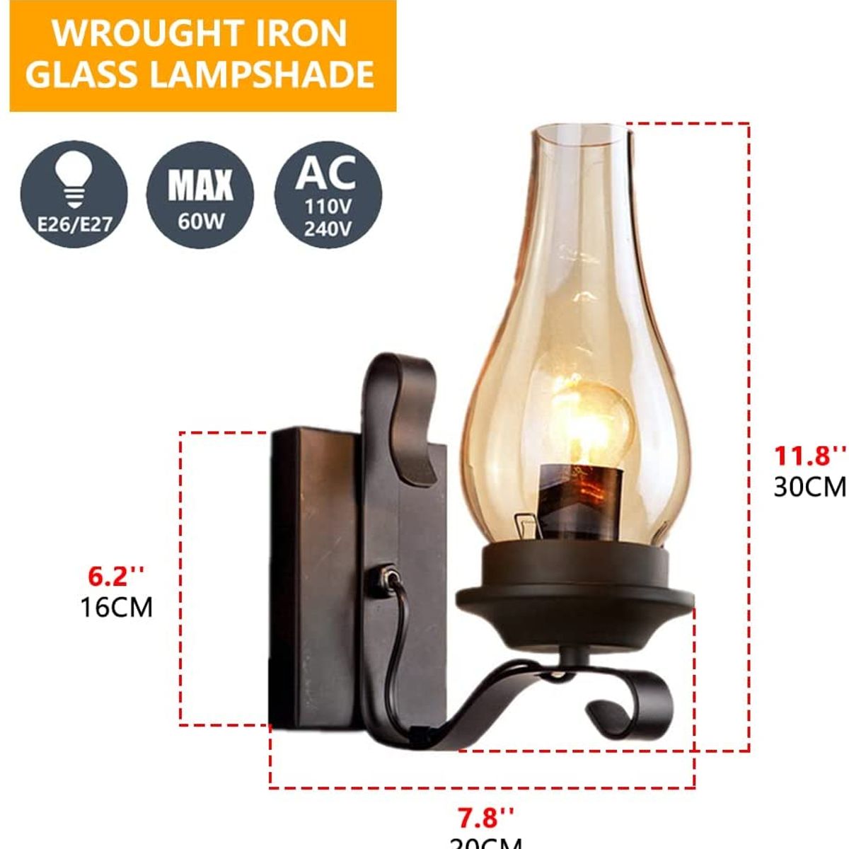 HOME NEAT - Lámpara de Pared de vidrio E27 Vintage Industrial  Aplique de Pared