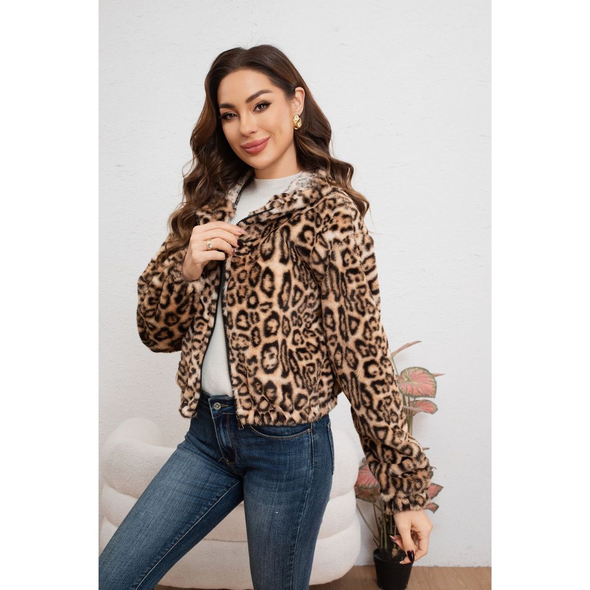 LIKE SHOP - Chaqueta Corta Mujer Manga Larga Peluda Animal Print 6096