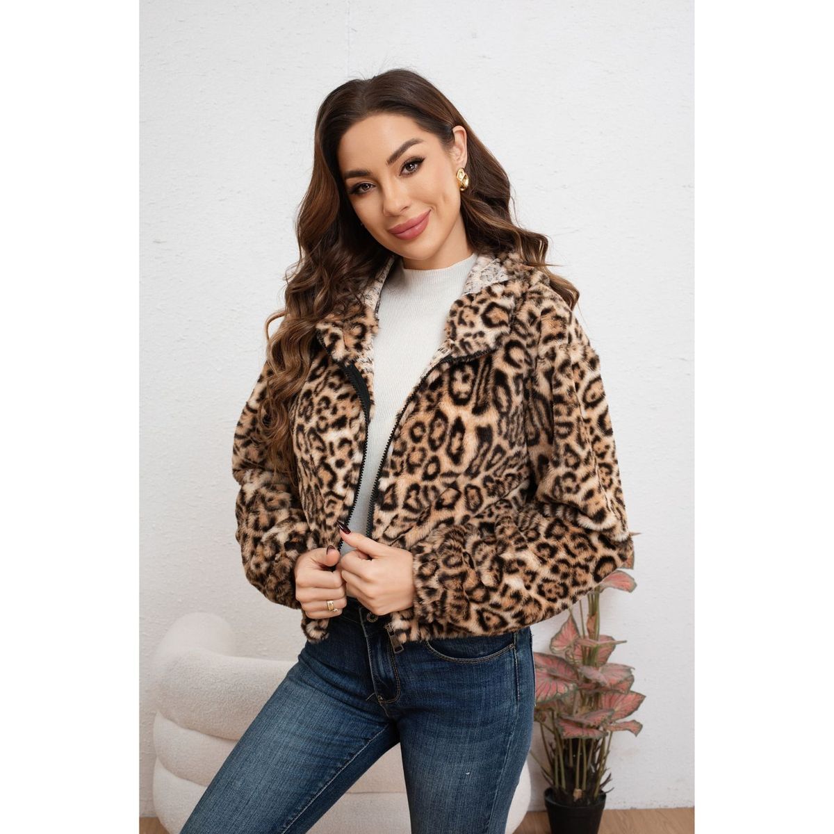 LIKE SHOP - Chaqueta Corta Mujer Manga Larga Peluda Animal Print 6096