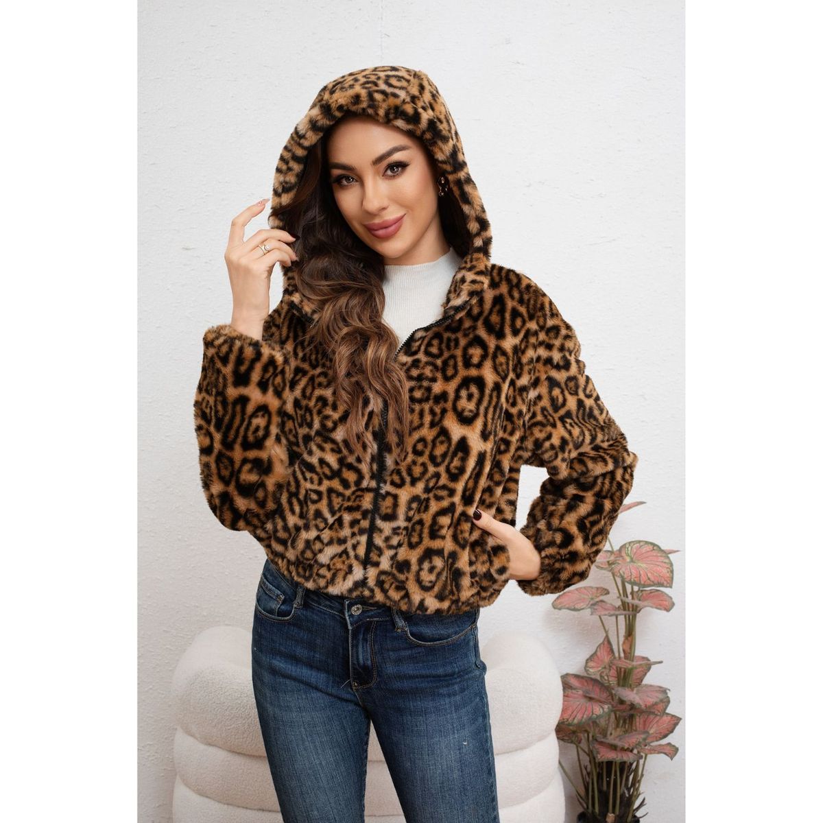 LIKE SHOP - Chaqueta Corta Mujer Manga Larga Peluda Animal Print 6096