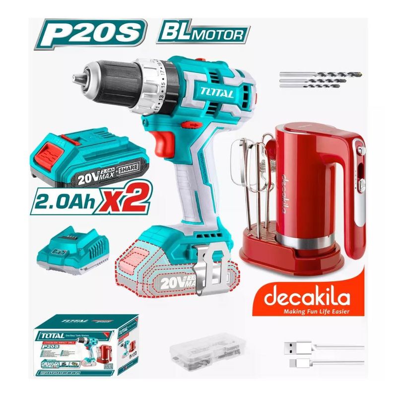 TOTAL TOOLS - Kit Total Tosli23062 Taladro 20v 13mm + 2 Bat+ Carg+ Batidor