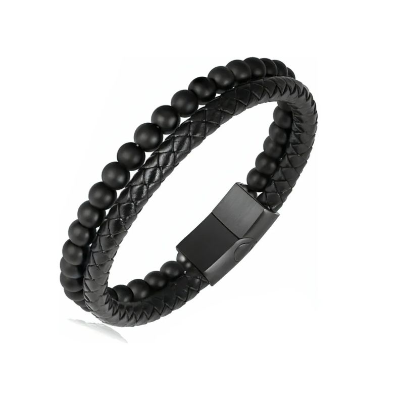 GENERICO - Pulsera Cuero Negro Hombre Moda Masculina Acero Quirúrgico