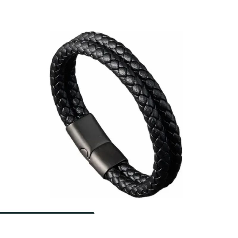 GENERICO - Pulsera Cuero Negro Hombre Moda Masculina Acero Quirúrgico