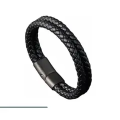 GENERICO - Pulsera Cuero Negro Hombre Moda Masculina Acero Quirúrgico
