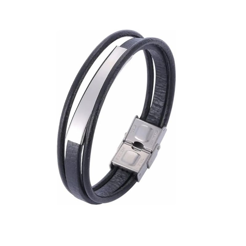 GENERICO - Pulsera Cuero Negro Hombre Moda Masculina Acero Quirúrgico