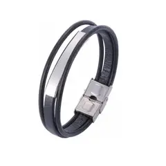 GENERICO - Pulsera Cuero Negro Hombre Moda Masculina Acero Quirúrgico
