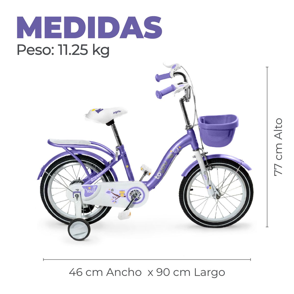 ALPHA - Bicicleta Niña Infantil De Paseo Purple Owl Rueditas Aro 12
