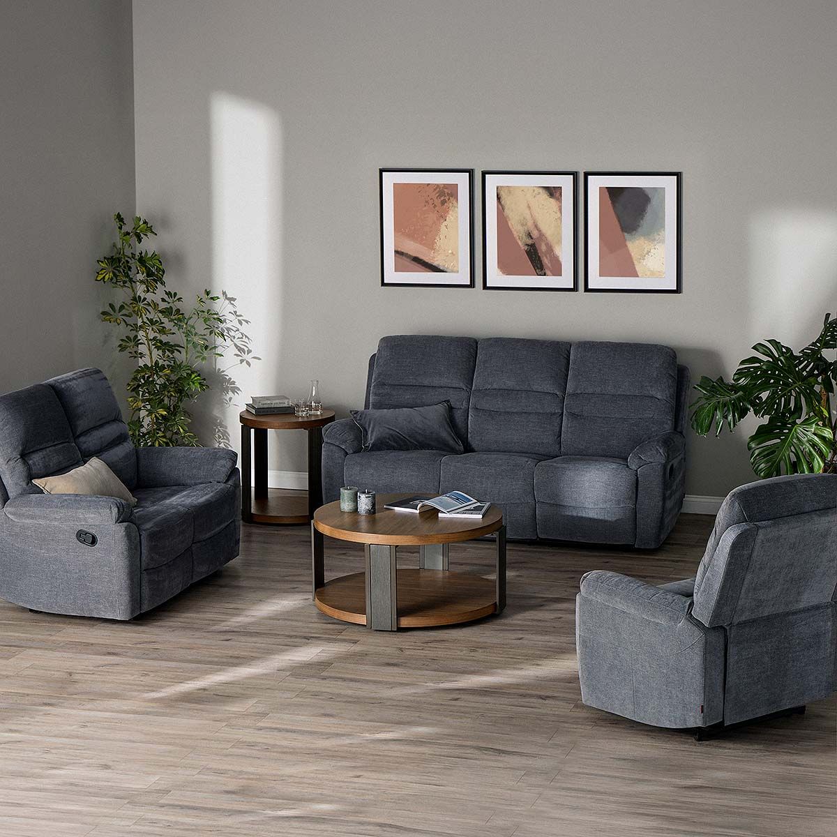 ROSEN - Sofá Reclinable Durden 3 Cuerpos Manual Tela Gris