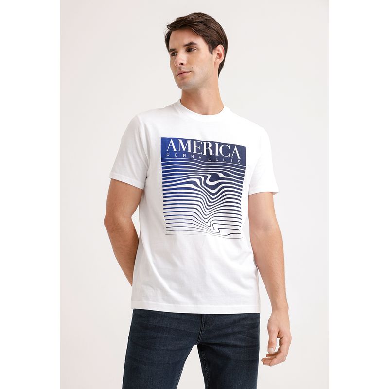 PERRY ELLIS - Polera Hombre Manga Corta Con Estampado Blanco