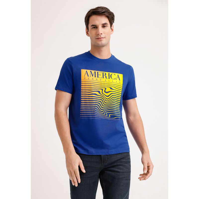 PERRY ELLIS - Polera Hombre Manga Corta Con Estampado Azulino