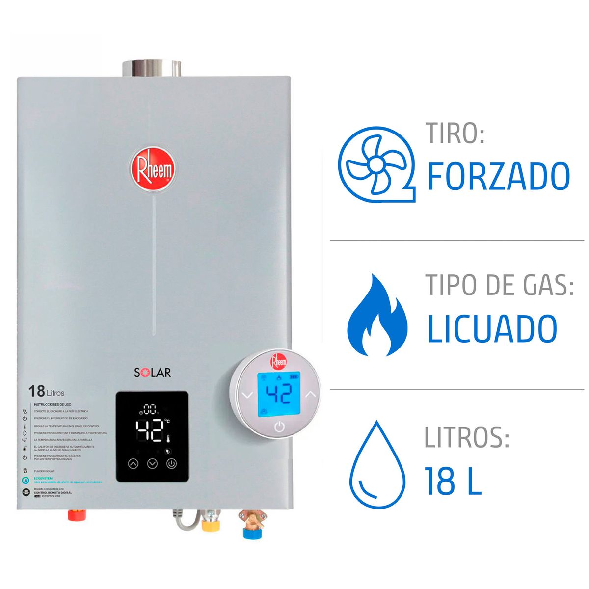 RHEEM - Calefont 18 L Gas Licuado T. Forzado con Control Digital Rheem