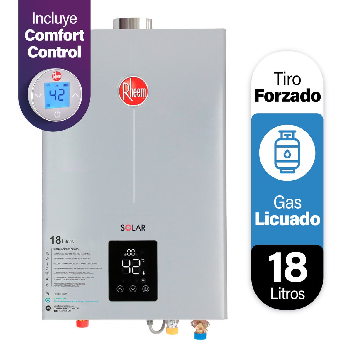 RHEEM - Calefont 18 L Gas Licuado T. Forzado con Control Digital Rheem