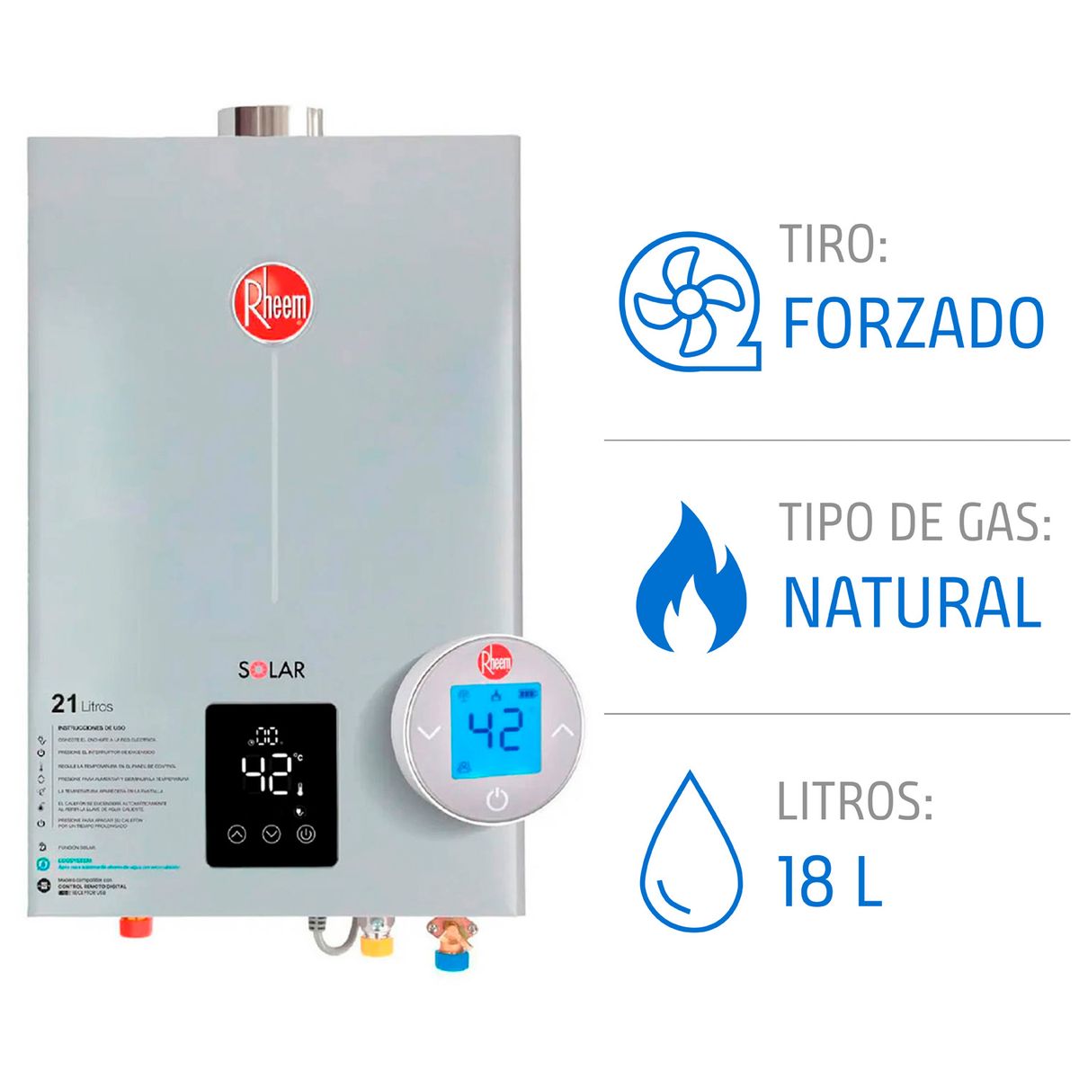 Calefont 18 L Gas Natural T. Forzado con Control Digital Rheem, marca RHEEM - Foto Principal