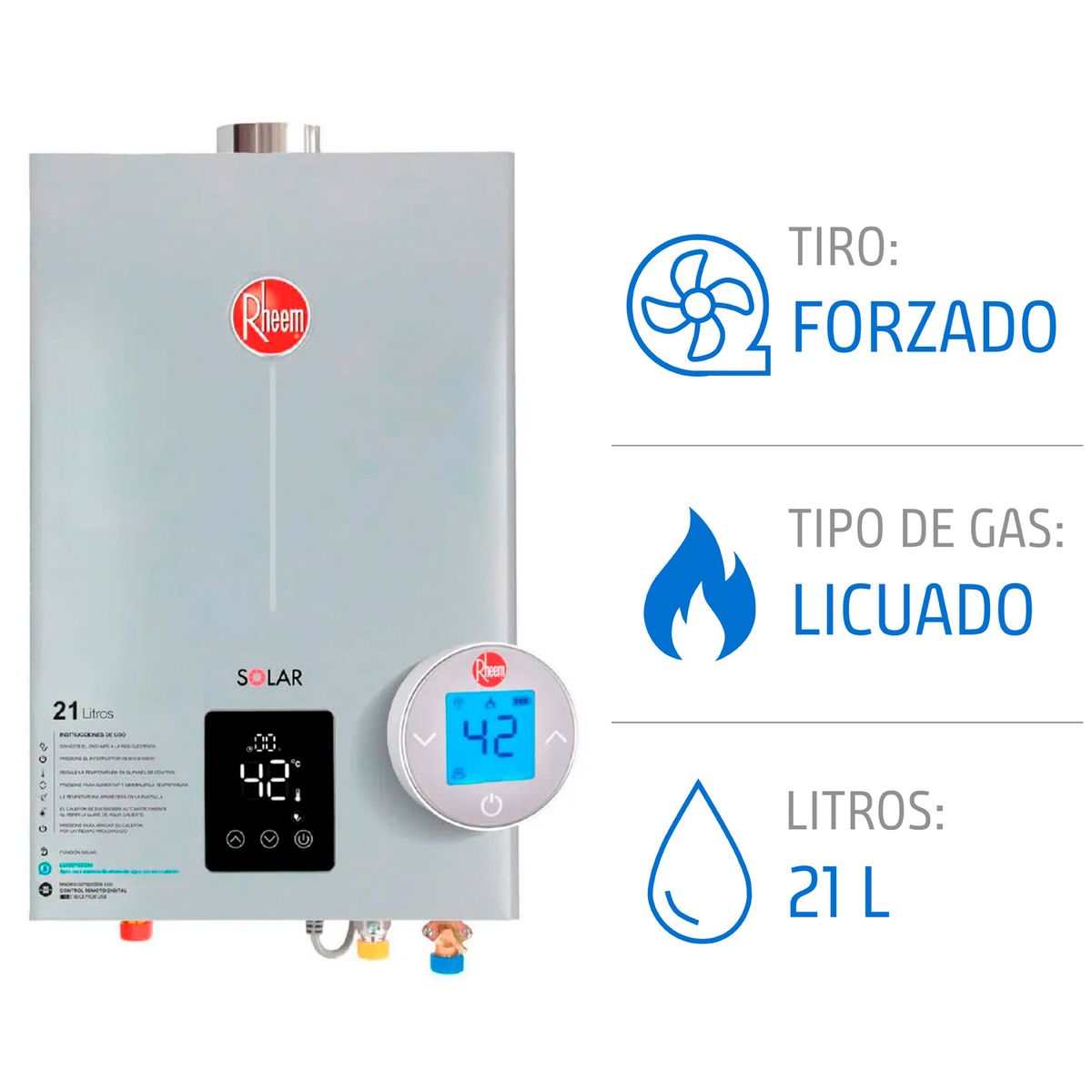 Calefont 21 L Gas Licuado T. Forzado con Control digital Rheem, marca RHEEM - Foto Principal