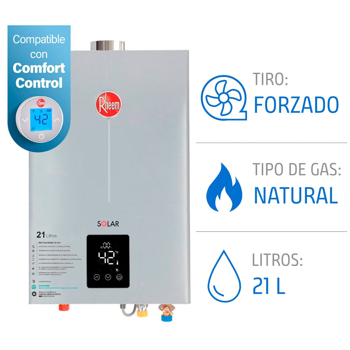 Calefont 21 L Gas Natural T. Forzado con Control digital Rheem, marca RHEEM - Foto 2