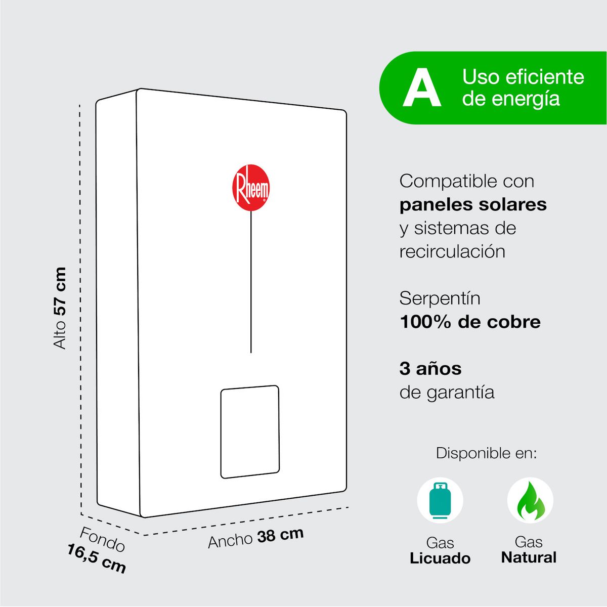 Calefont 21 L Gas Natural T. Forzado con Control digital Rheem, marca RHEEM - Foto Principal