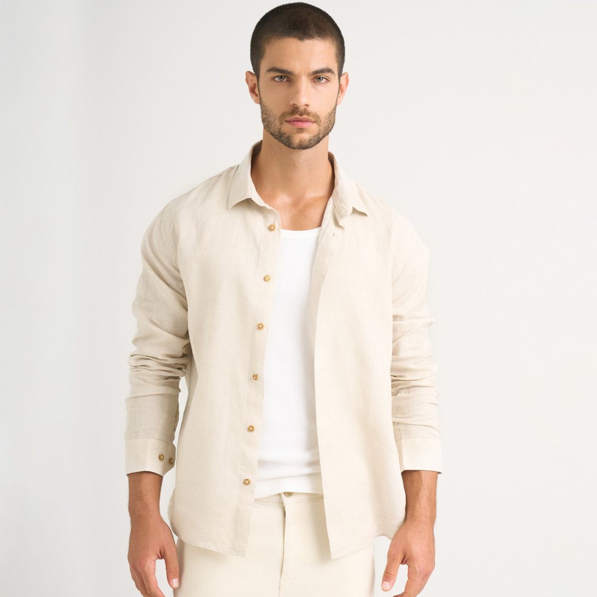 VELEZ - Vélez Camisa Manga Larga Lino Hombre Semi Ajustada Gris