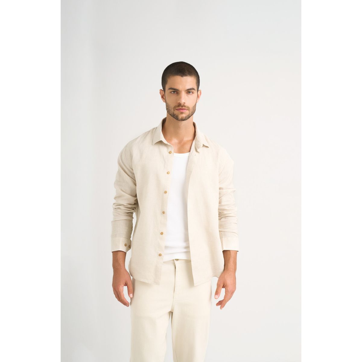 VELEZ - Vélez Camisa Manga Larga Lino Hombre Semi Ajustada Gris