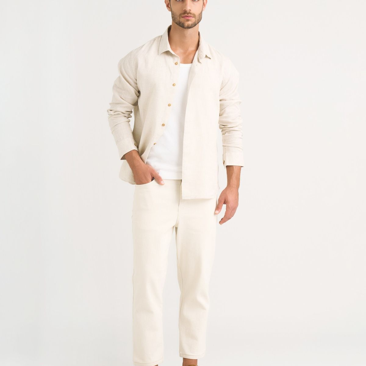 VELEZ - Vélez Camisa Manga Larga Lino Hombre Semi Ajustada Gris