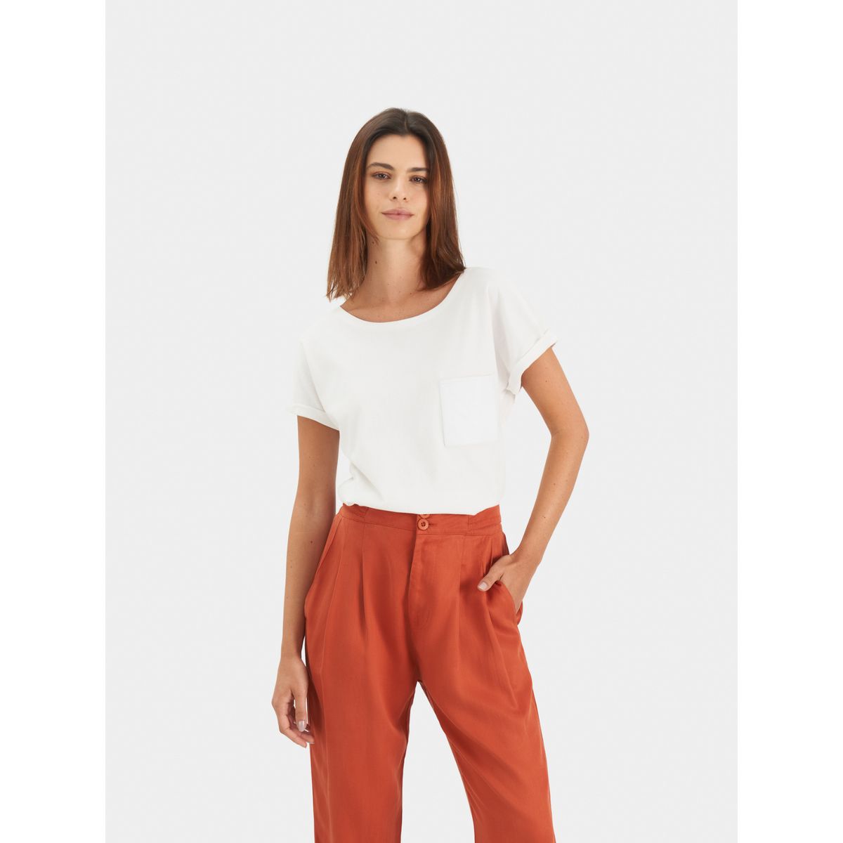 VELEZ - Vélez Camiseta Manga Corta Para Mujer Bolsillo Cuero Blanco