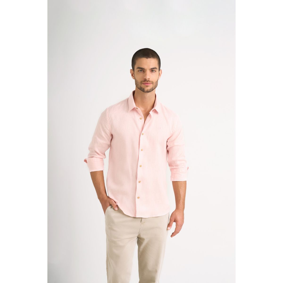 VELEZ - Vélez Camisa Manga Larga Lino Hombre Semi Ajustada Rosado