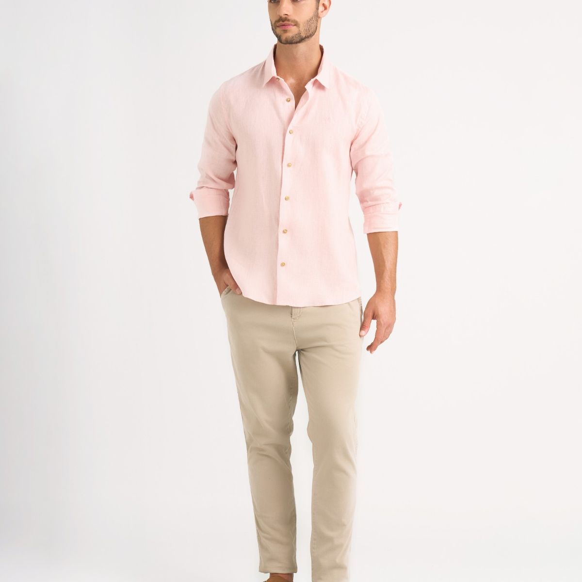 VELEZ - Vélez Camisa Manga Larga Lino Hombre Semi Ajustada Rosado