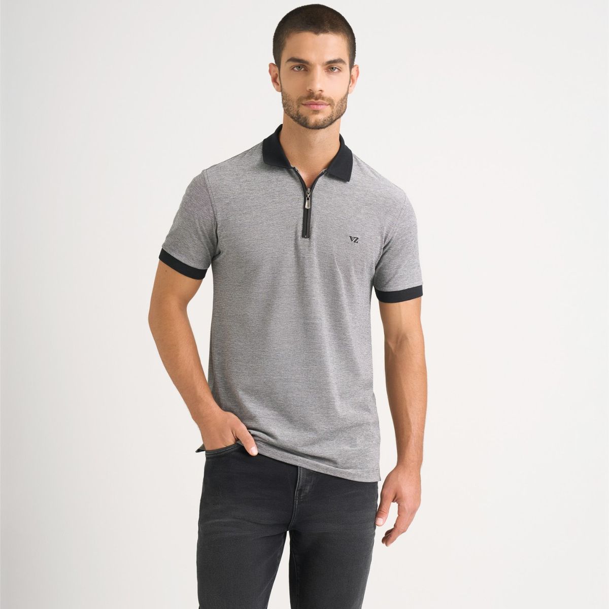 VELEZ - Vélez Polera Cuello Casual Algodón Hombre Cremallera Negro