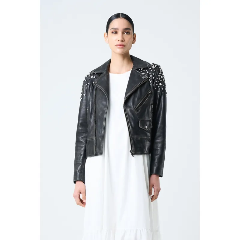 VELEZ - Vélez Chaqueta Biker De Cuero Para Mujer Cristales Negro