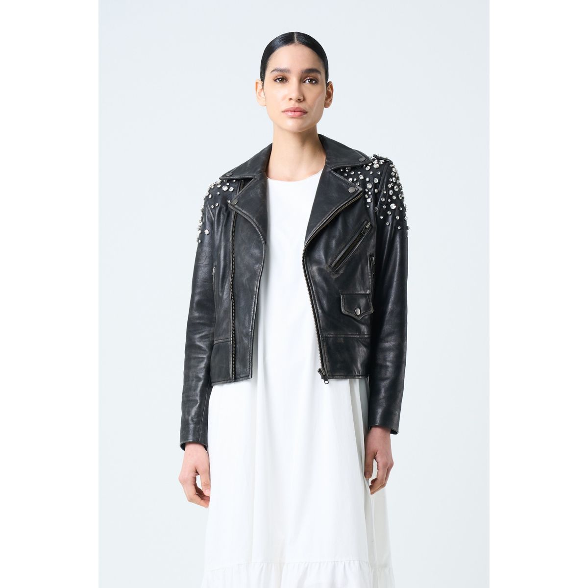 VELEZ - Vélez Chaqueta Biker De Cuero Para Mujer Cristales Negro