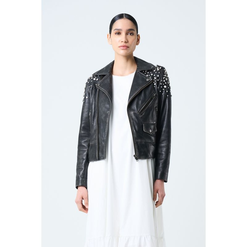 VELEZ - Vélez Chaqueta Biker De Cuero Para Mujer Cristales Negro
