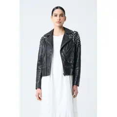VELEZ - Vélez Chaqueta Biker De Cuero Para Mujer Cristales Negro