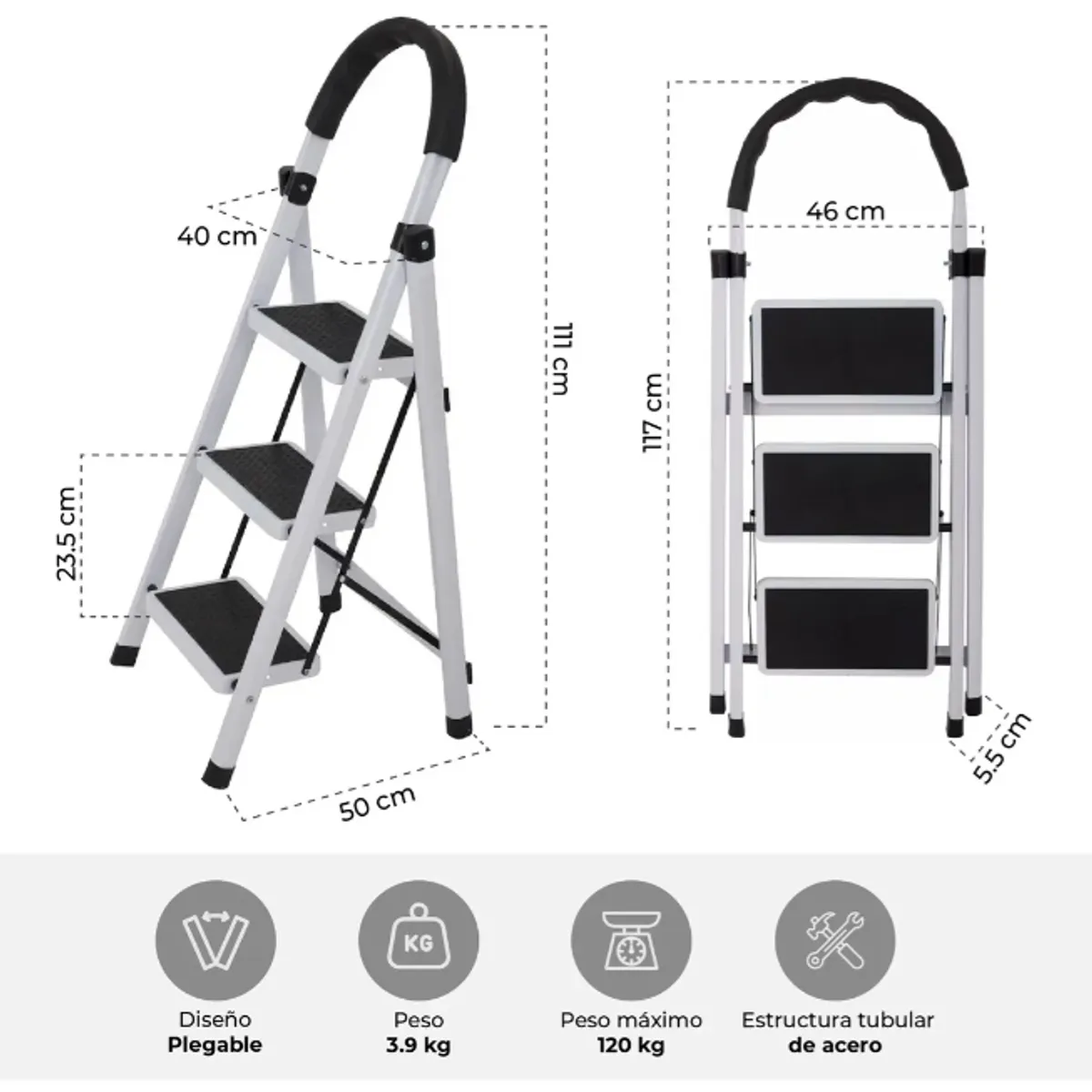 GENERICO - Escalera Taburete Plegable 3 Peldaños Antideslizantes Color Blanco