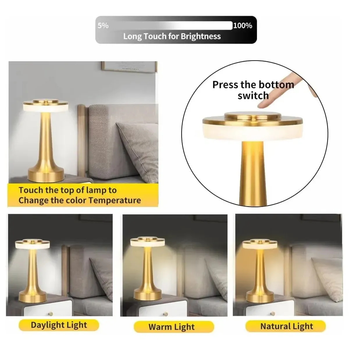 KUANGYE - Lampara De Mesa Inalámbrica Recargable Led Usb Dormitorio