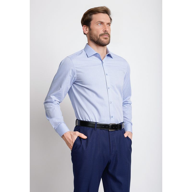 TRIAL - Camisa Hombre Formal Mezcla Algodón Lisa Slim Aniversario Celeste