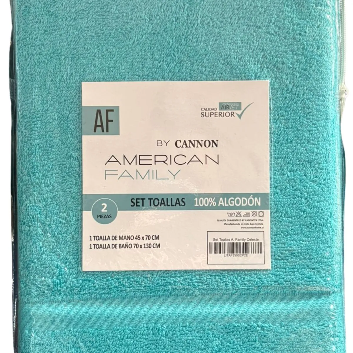 CANNON - Set Toalla Mano  Baño Algodon American Family Cannon Celeste