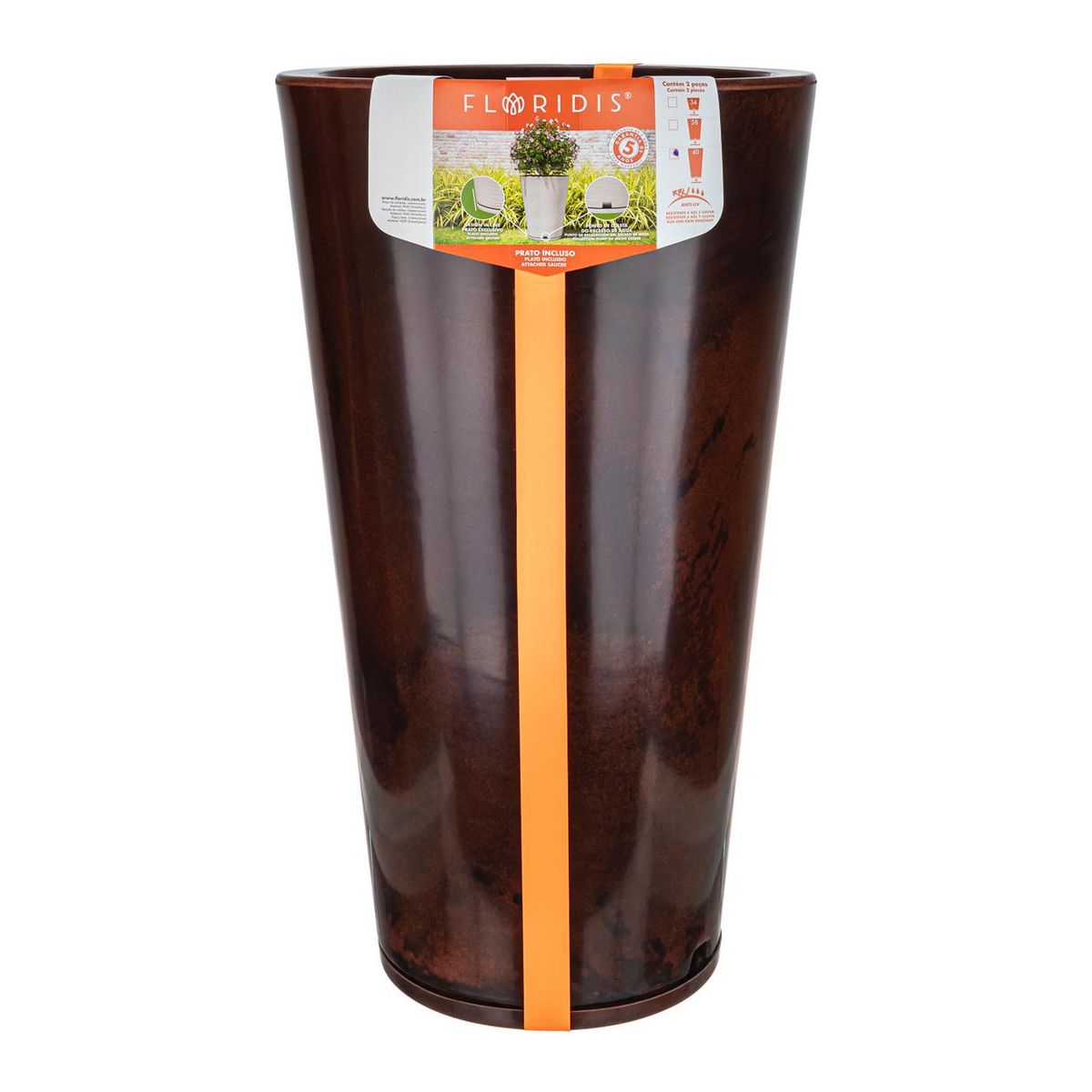 FLORIDIS - MACETERO FLORIDIS CAFE EFECTO MARMOL GENEBRA 80CM ALTO CON PLATO