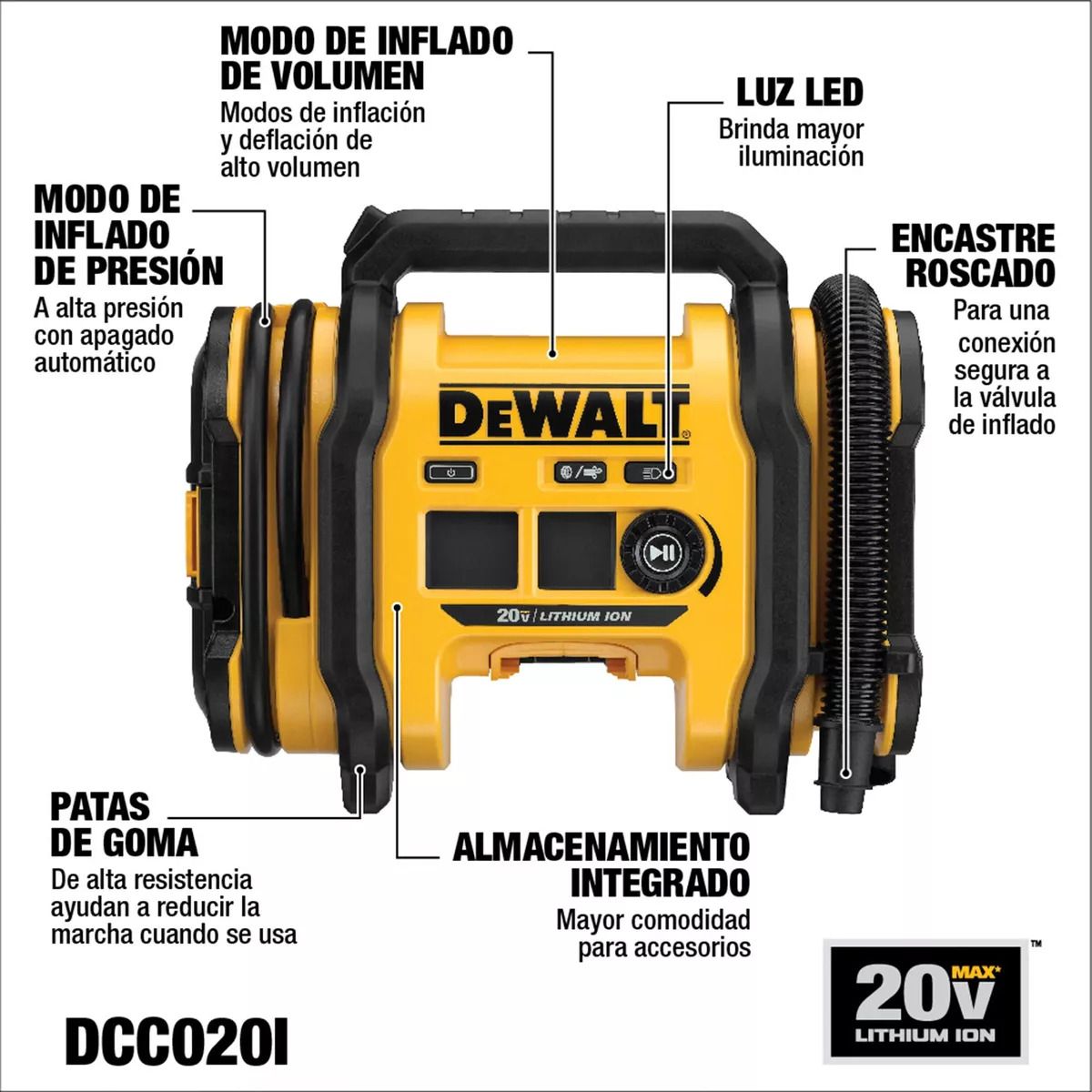DEWALT - Inflador Neumático 20v Sin Batería Dewalt Dcc020ib E.o