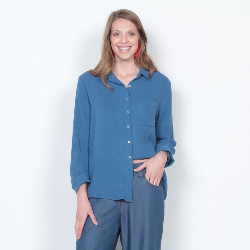 WADOS - BLUSA MANGA LARGA SOLIDA CUELLO CAMISERO BOLSILLO DELANTERO