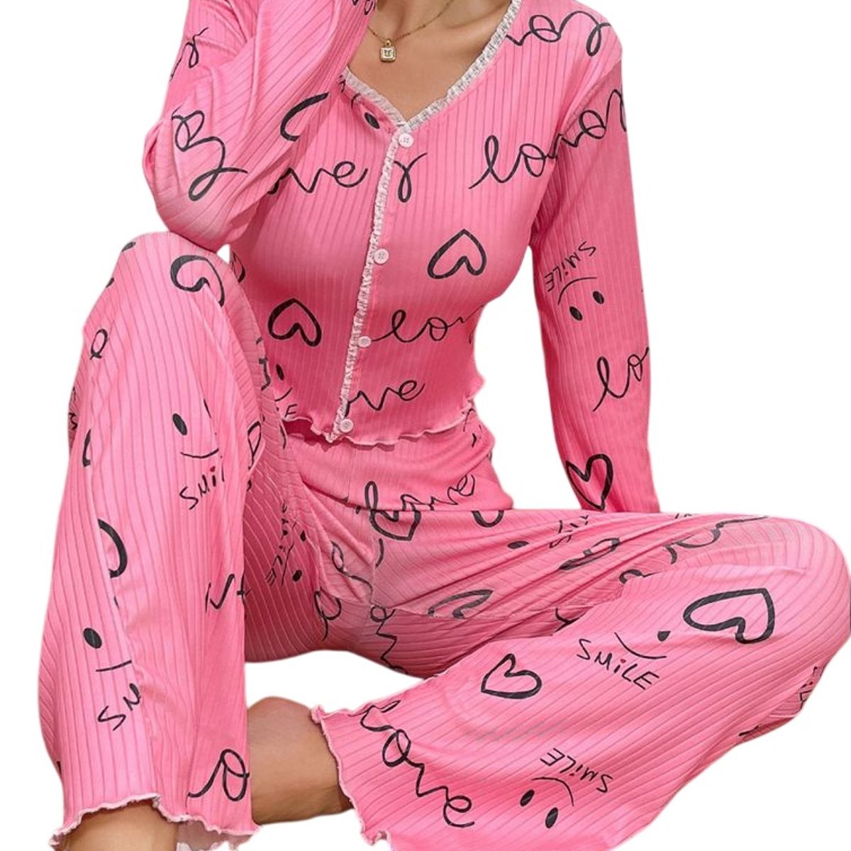 GARSIL - Conjunto Pijama Mujer Polera Y Pantalon Largo - Diseño Love