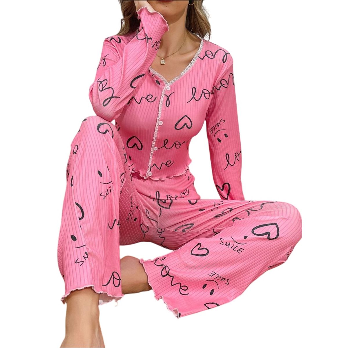 GARSIL - Conjunto Pijama Mujer Polera Y Pantalon Largo - Diseño Love